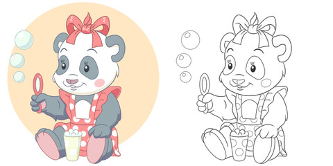 Panda bear making soap bubbles. Cute baby animal character. Set with a coloring page and colorful cartoon illustration.