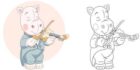 Hippo opera musician. Cute baby animal character. Set with a coloring page and colorful cartoon illustration.