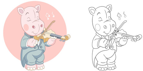Hippo playing violin. Cute baby animal character. Set with a coloring page and colorful cartoon illustration.
