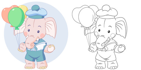 Happy birthday elephant. Cute baby animal character. Set with a coloring page and colorful cartoon illustration.