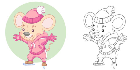 Winter mouse on skates. Cute baby animal character. Set with a coloring page and colorful cartoon illustration.