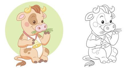 Farm cow eating grass. Cute baby animal character. Set with a coloring page and colorful cartoon illustration.