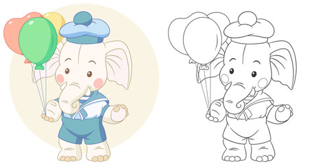 Elephant with party balloons. Cute baby animal character. Set with a coloring page and colorful cartoon illustration.