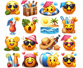 Fototapeta premium Set of emoticons on a white background in the style of vacation on the beach. Generative AI.