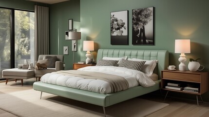 Fototapeta na wymiar White Bed Frame in Green Bedroom