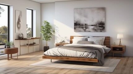White Bed with Light Gray Bedding