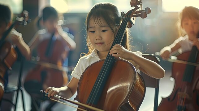Focused young girl practices cello in a sunlit room, surrounded by fellow child musicians in an orchestra setting, showcasing early musical education.

