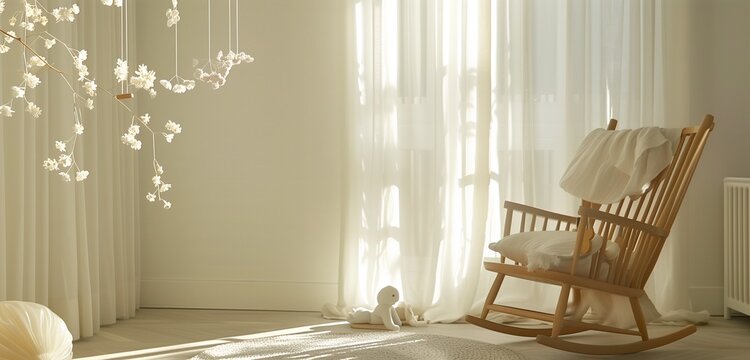 A serene nursery corner in a children's room, with a rocking chair and delicate mobile swaying gently.