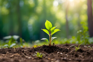 Plants growing from the soil in the forest with a blurred background Young plant growing in sunlight 