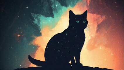"Starry Feline: Retro Silhouette with Cosmic Twist"





