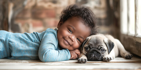 A little cute black baby in blue pajamas is lying in the room with his cute pug puppy. Best friends. Children's interactions with pets - obrazy, fototapety, plakaty