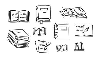 Books doodle illustration. Literature education, library literature, open novel, dictionary, notes with pen, textbook line hand drawn elements