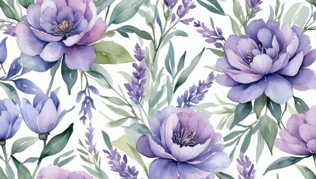 Soft lavender floral pattern. Watercolor dreamy flowers.