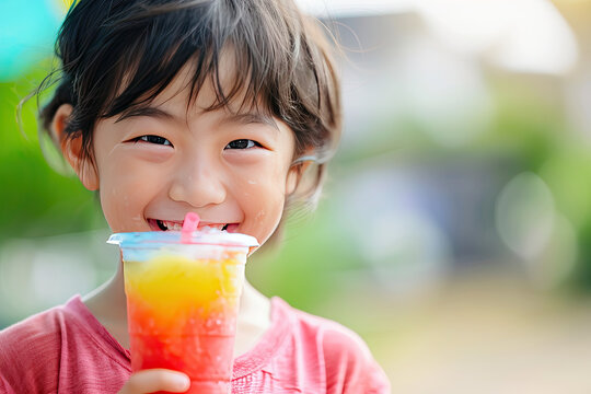 Close up of a child holding a cold slushy crushed ice drink on a hot summer day