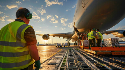 A plane A380 parking near the terminal. Ground crew loading luggage from the plane onto trolleys....