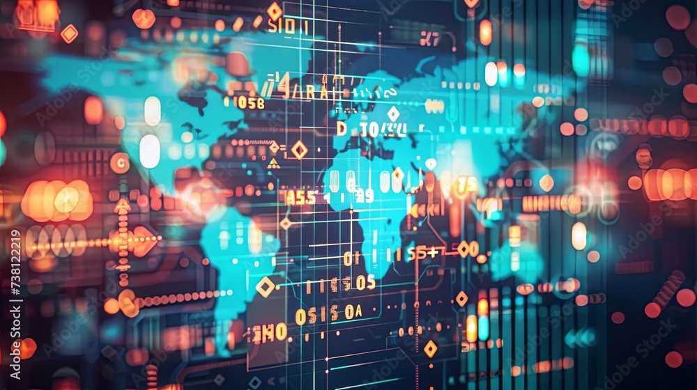 Poster an intricate global digital network overlaying a world map, representing international connectivity 