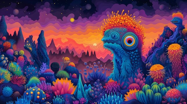 Fantastical alien scenery with vibrant flora under a twilight sky