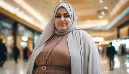 Arab Woman Embracing Hijab and Abaya Fashion in a Mall Setting - obrazy, fototapety, plakaty