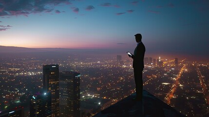 Fototapeta premium Silhouetted businessman with tablet standing atop a skyscraper, gazing over a sprawling city as night falls.