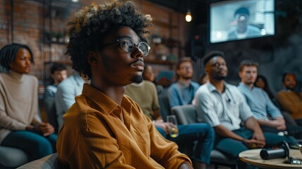 Focused young man with glasses attentively listening at a seminar with diverse attendees in the background.