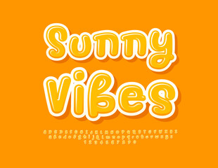 Vector artistic Poster Sunny Vibes. Funny Glossy Font. Playful Yellow Alphabet Letters and Numbers.