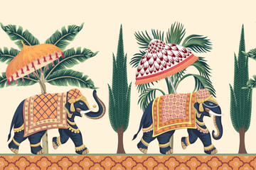 Indian elephant, umbrella, palm tree seamless border. Oriental floral wallpaper.	

