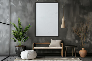 Elegant Living Room Interior with Blank Poster Frame - Ideal for Artwork Mockups and Home Decor Presentations