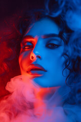 Abstract and artistic portrait of a beautiful woman, featuring vibrant red and blue smoke-like textures blending together. Shallow depth of field.