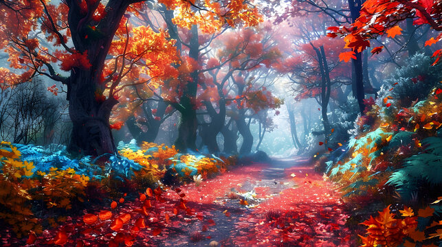 A magical forest with mist and colorful leaves,,
Image of a hazy and selectively focused autumn woodland scene for desktop wallpaper