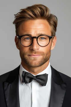 Handsome man wearing glasses, captured against a plain grey background.