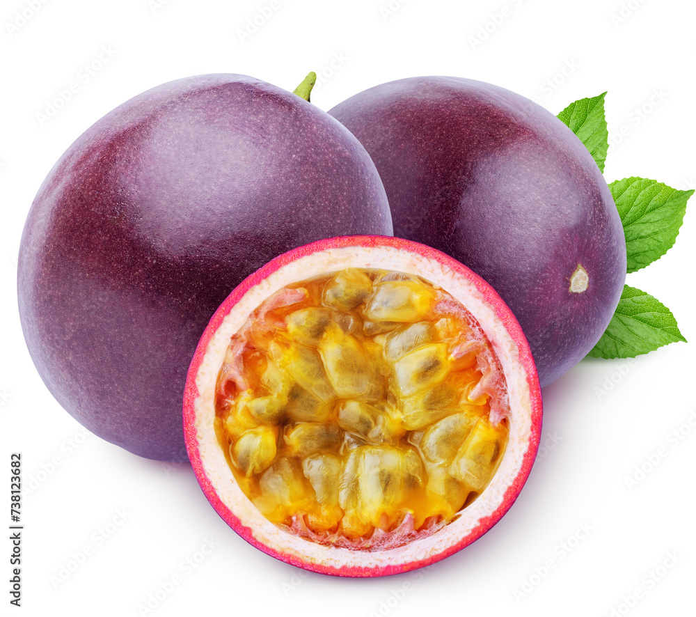 Wall mural isolated passionfruit. two whole and cut of passion fruits (maracuya) with leaves isolated on white 