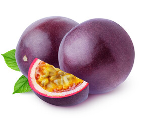 Isolated passionfruit. Two whole and a slice of passion fruits (maracuya), with leaves isolated on white background