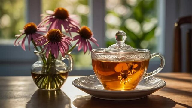 Beautiful cup of tea, echinacea flower aromatherapy

