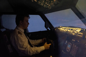 Fototapeta premium Aspiring captain skillfully directs plane during night. Mastery of flight apparent in way pilot navigates airborne vessel through darkness