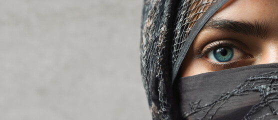 Woman's eyes close-up. Panorama. Beautiful eye of a Muslim girl in a burqa. Copy space. Created by artificial intelligence.
