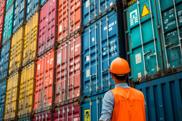 A worker in a hard hat and an orange vest stands with his back and looks at a huge number of containers of different colors in a warehouse at the port. Transportation of goods by containers. - obrazy, fototapety, plakaty