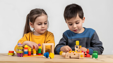 Children with educational toys, kindergarten playtime, Montessori method learning tools