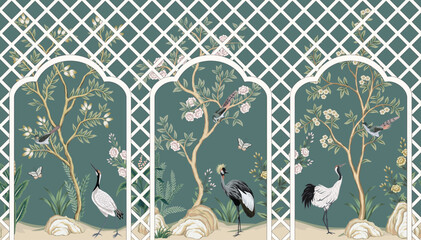 Vintage botanical garden tree, crane, birds, pergola, plant floral seamless border. Exotic chinoiserie mural. - 738124693