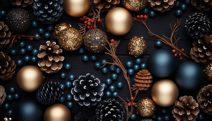 Winter celebration shiny Christmas ornament, gold ball, abstract tree generated by AI