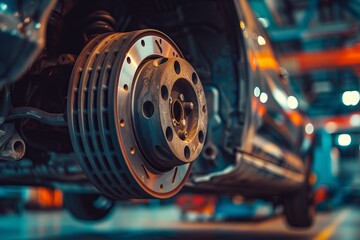Close-up of a vehicle's disc brake undergoing repair during a tire replacement process in a garage, emphasizing maintenance of brakes and shock absorber systems generative ai - obrazy, fototapety, plakaty