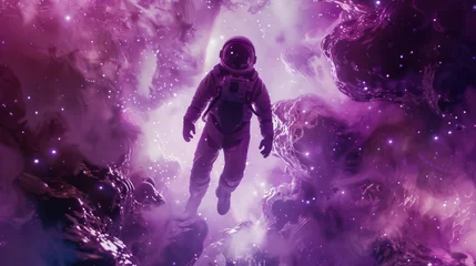 Foto op Canvas Abstract astronaut in fantasy space pool of stars and planets. Purple and pink nebula astronomy space exploration.  © Fox Ave Designs