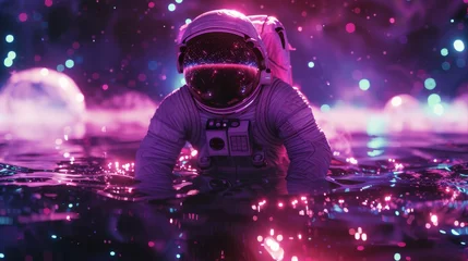 Selbstklebende Fototapeten Abstract astronaut in fantasy space pool of stars and planets. Purple and pink nebula astronomy space exploration.  © Fox Ave Designs