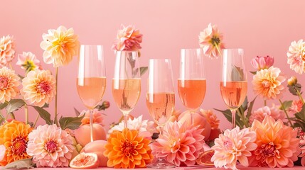 Springtime brunch mimosas table with flowers and decorations. Summer breakfast champagne on studio flower garden background.
