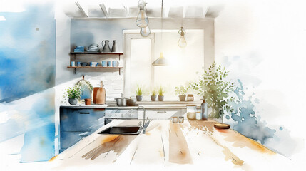Watercolor painted modern kitchen interior illustration on white background. Watercolor painted realistic clip art for ads banners and poster design