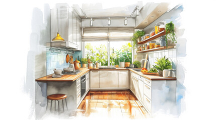 Watercolor painted modern kitchen interior illustration on white background. Watercolor painted realistic clip art for ads banners and poster design
