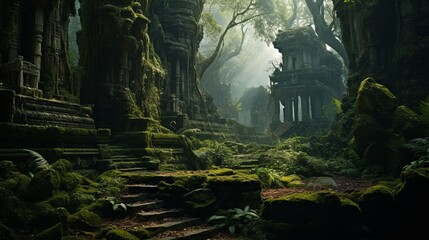command: A mysterious jungle with an ancient forest temple at its center, moss-covered stone walls,...
