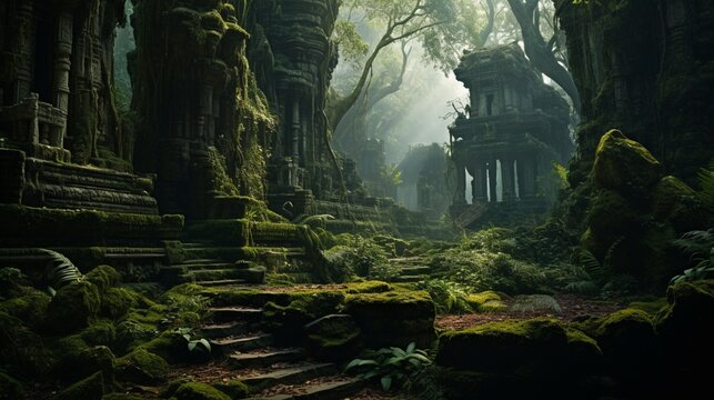 command: A mysterious jungle with an ancient forest temple at its center, moss-covered stone walls, a tranquil lotus pond at its entry, and an ethereal glow permeating all