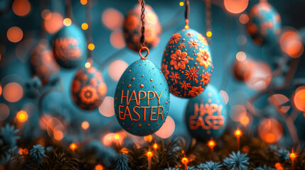 Festive Easter blue background with painted Easter eggs and the inscription 