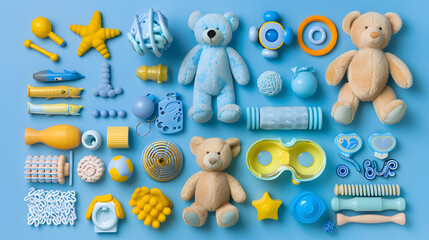 Collection of baby toys, teddy bear and educational items, isolated on blue
