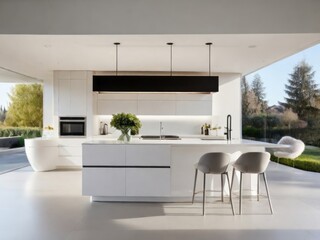 A modern and spacious kitchen, beautifully captured in a photography style reminiscent of architectural photographer